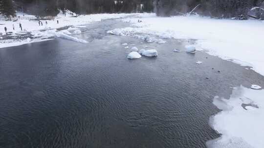 冬季喀纳斯晨雾雪蘑菇雾凇冰河野鸭雪山森林