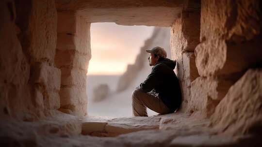 眺望远方沙漠的男子在遗迹中沉思