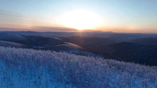 航拍大兴安岭林海雪原暮色