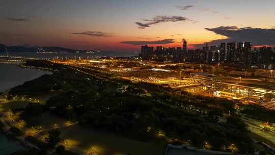 航拍深圳湾口岸夜景大范围延时