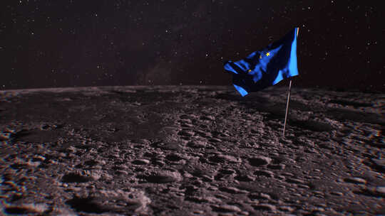 欧洲国旗在月球上挥舞。欧洲国旗卡在岩石表