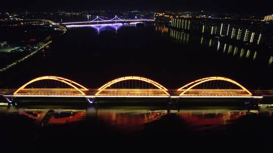 湖南长沙福元路湘江大桥夜景航拍视频素材模板下载