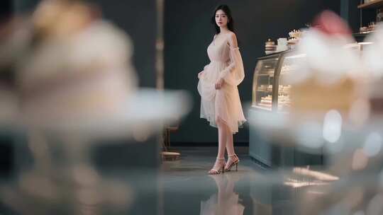 身着纱裙女子于店内站立