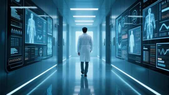 医生行走在科技感医疗走廊