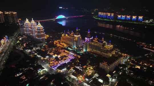 西双版纳景洪市湄公河酒店航拍夜景风光