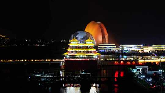 广州珠海日月贝大剧院情侣路海滩夜景航拍