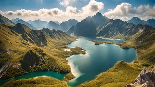 高山湖泊自然风光全景