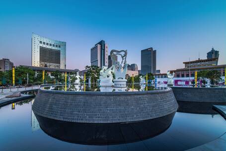 移动延时环绕杭州武林广场八少女音乐喷泉