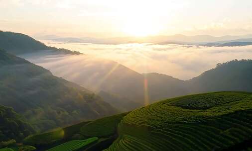 台湾阿里山 阳光洒下的山间茶园美丽景象