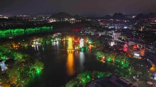 广西桂林日月塔夜景晚霞航拍