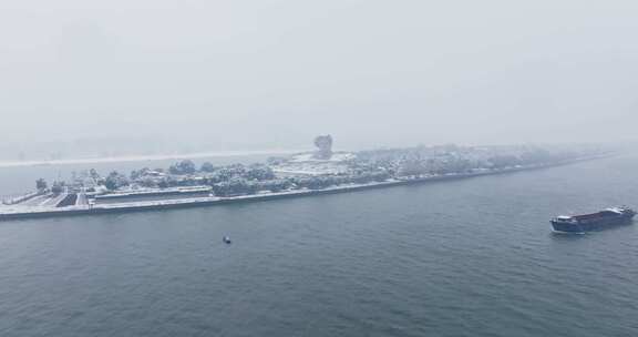 湖南长沙橘子洲头雪景航拍风光