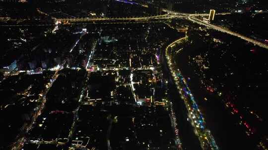 江苏南京老门东秦淮河夜景灯光航拍