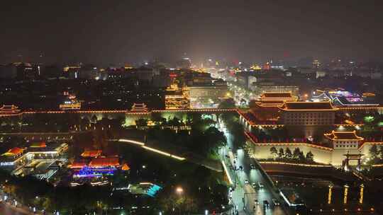 陕西西安永宁门夜景西安城墙夜景航拍