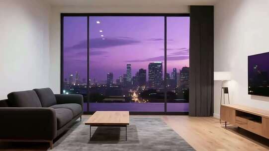现代客厅窗外城市暮色景观