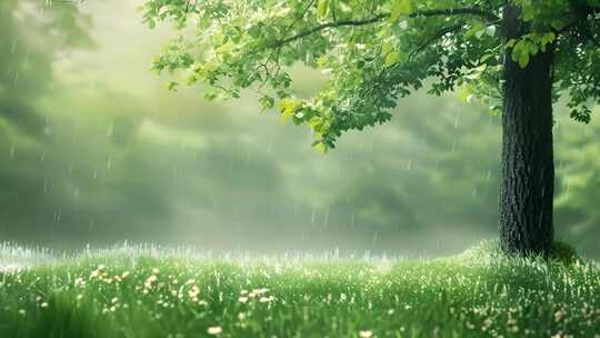 唯美春天下雨时的绿色草地和绿树