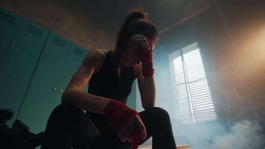 女运动员拳击手训练后疲惫不堪心烦意乱疲惫
