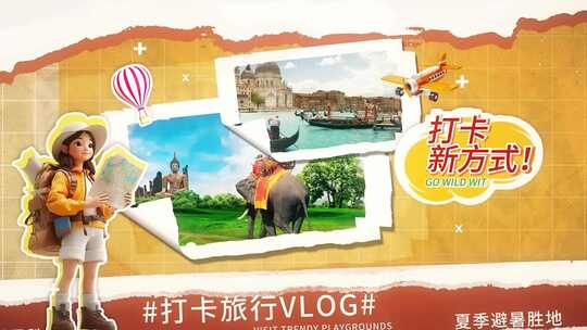夏季旅行撕纸风格图文动画展示AE模版