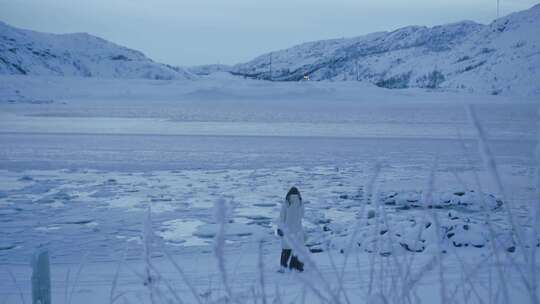 一个穿着冬装的女人在白雪覆盖的风景中