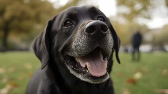 公园里快乐的黑狗微笑特写