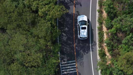 汽车行驶在公路滨海路林间穿梭弯路驾驶山路