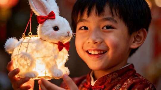男孩手持兔子灯笼特写