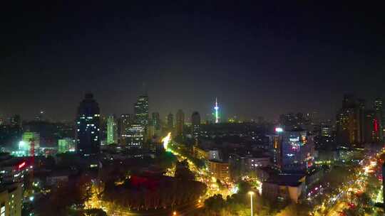 南京市玄武区鼓楼公园紫峰大厦夜景航拍素材