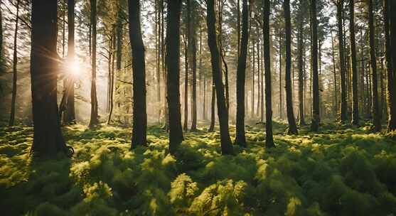 原始森林树木阳光穿过树林阳光透过树木照射