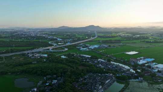 中国侨乡广东台山乡村稻田山脉山峰日出航拍