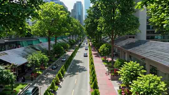 城市街道绿树成荫车流景观