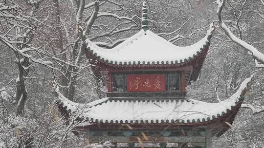 航拍城市风光长沙雪景古建筑爱晚亭雪景