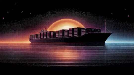像素风集装箱货轮航行在日落时分