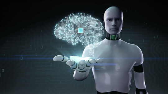 4k机器人张开手，大脑连接cpu芯片电路板视频素材模板下载