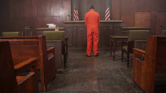 囚犯在法官面前的法庭上看起来很悲伤视频素材模板下载