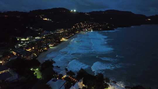 航拍泰国普吉岛卡塔海滩城市夜景风光