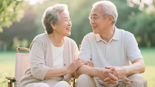 老年夫妇户外温馨相伴画面