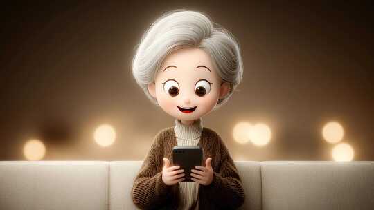 卡通老奶奶温馨沙发上使用手机