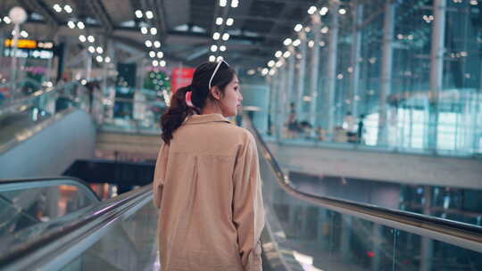亚洲女游客带着简单的手提箱站在机场候机楼
