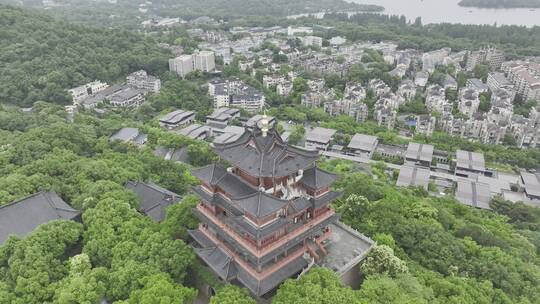 航拍中国浙江杭州西湖雨天城隍阁