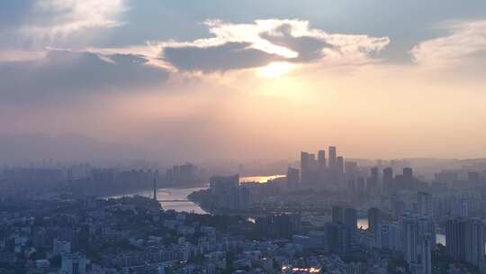 福州日落航拍夕阳城市建筑风光早晨日出阳光