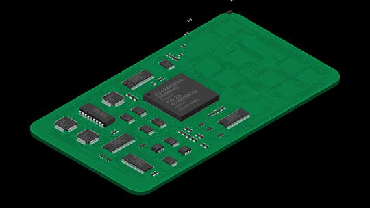 等距电子板动画。带有电子元件的等距印刷电