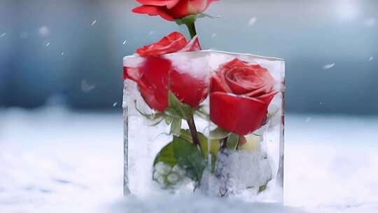 网红玫瑰冰块冰封特写花朵盛开雪地情人节