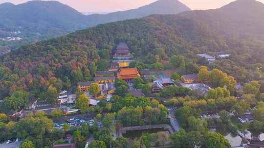 杭州西湖区净慈禅寺航拍唯美大自然风光群山