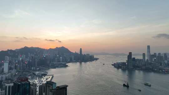 香港大景航拍维多利亚港太平山日落海湾风光