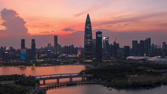 航拍深圳城市大景深圳湾日落晚霞