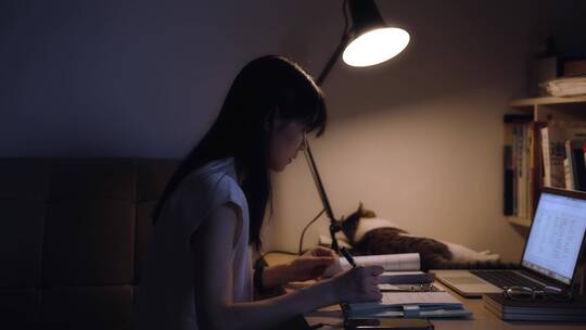 女孩夜晚在书桌台灯下写字学习视频素材