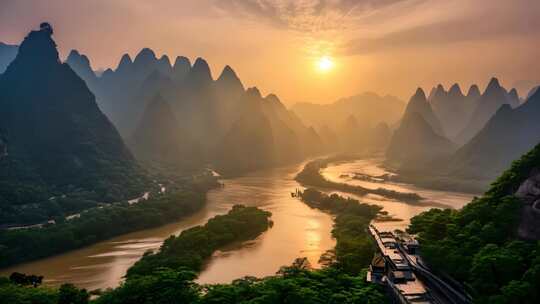 日出下的秀丽山河全景