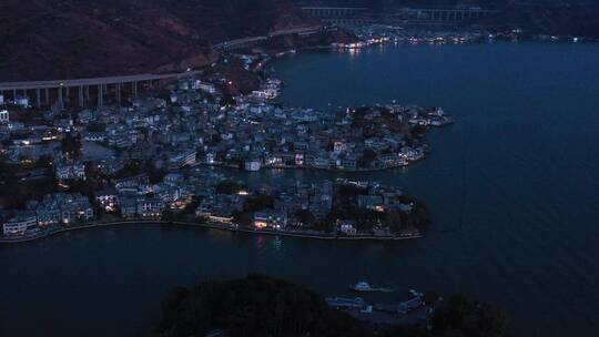 航拍大理双廊傍晚夜景视频素材模板下载