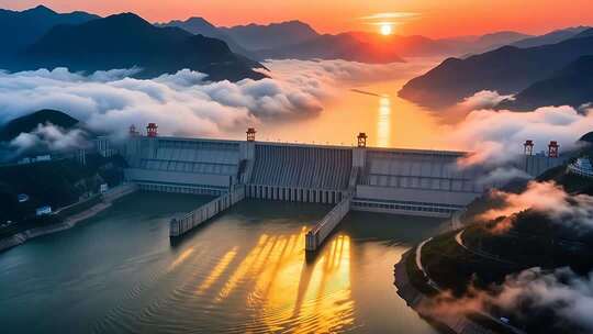航拍云雾缭绕下的长江三峡大坝日出壮丽延时