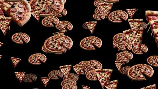 黑色背景上的全美味披萨掉落动画，许多披萨