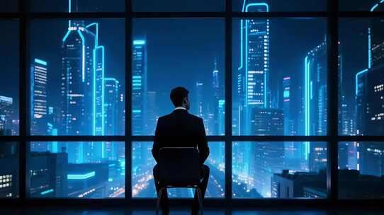 男子坐窗前眺望未来城市夜景